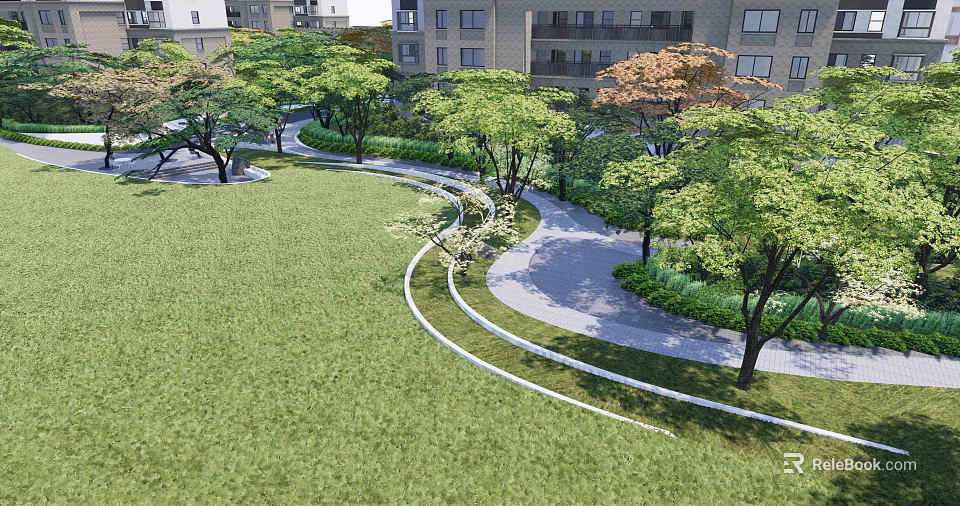 Landscape Wall In Residential Park With Curved Pathway Green Lawn And Trees 3d model 