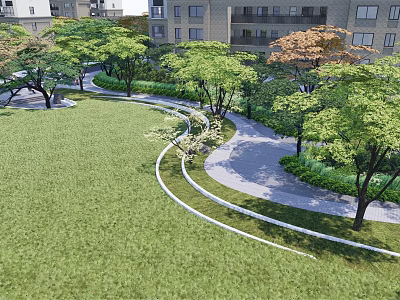 Landscape Wall In Residential Park With Curved Pathway Green Lawn And Trees 3d model