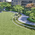 Landscape Wall In Residential Park With Curved Pathway Green Lawn And Trees