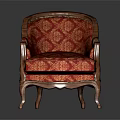 Elegant Classic Armchair Red Patterned Fabric Upholstered With Gold Metal Frame And Ornate Curved Legs