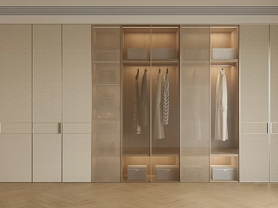 Modern Wardrobe Design Featuring Glass Doors Hanging Areas And Storage Compartments 3d model