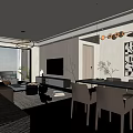 Modern Living and Dining Room Interior With Sofa Coffee Table Plants Chandelier Paintings And Clock