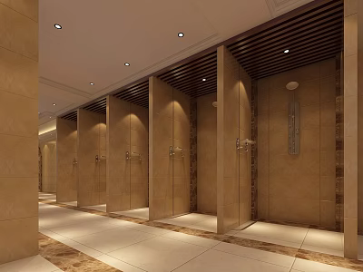 Modern SPA Sauna Interior With Beige Walls Wooden Slat Ceiling And Tiled Floor 3d model