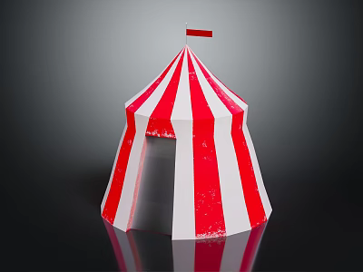Red And White Striped Tent With Small Flag On Top Worn Appearance Dark Background 3d model