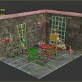 Cartoon Courtyard Corner With Stone Wall Trellis Flower Pots And Wooden Table Chairs