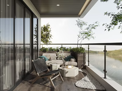 Home Balcony Design With Cozy Seating Green Plants Wooden Flooring And Lake View 3d model