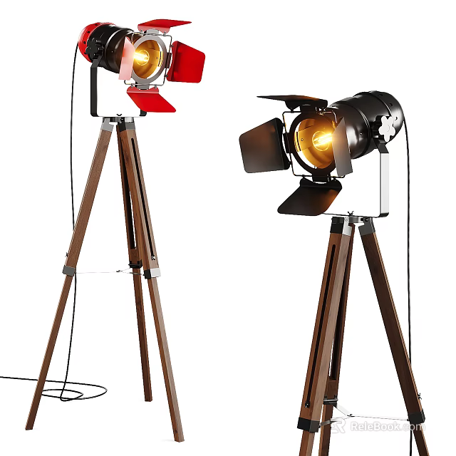 Red and Black Tripod Floor Lamps With Adjustable Shades And Illuminated Bulbs 3d model 