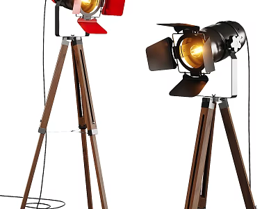 Red and Black Tripod Floor Lamps With Adjustable Shades And Illuminated Bulbs 3d model