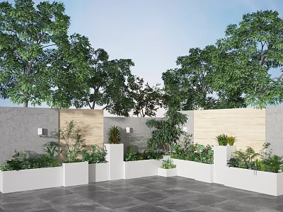 Courtyard Garden Design With Green Trees White Planters Gray Walls And Wooden Panels 3d model