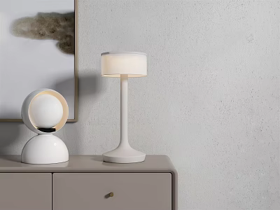 Modern White Table Lamp On Grey Cabinet With Decorative Round Vase Against Textured Grey Wall 3d model
