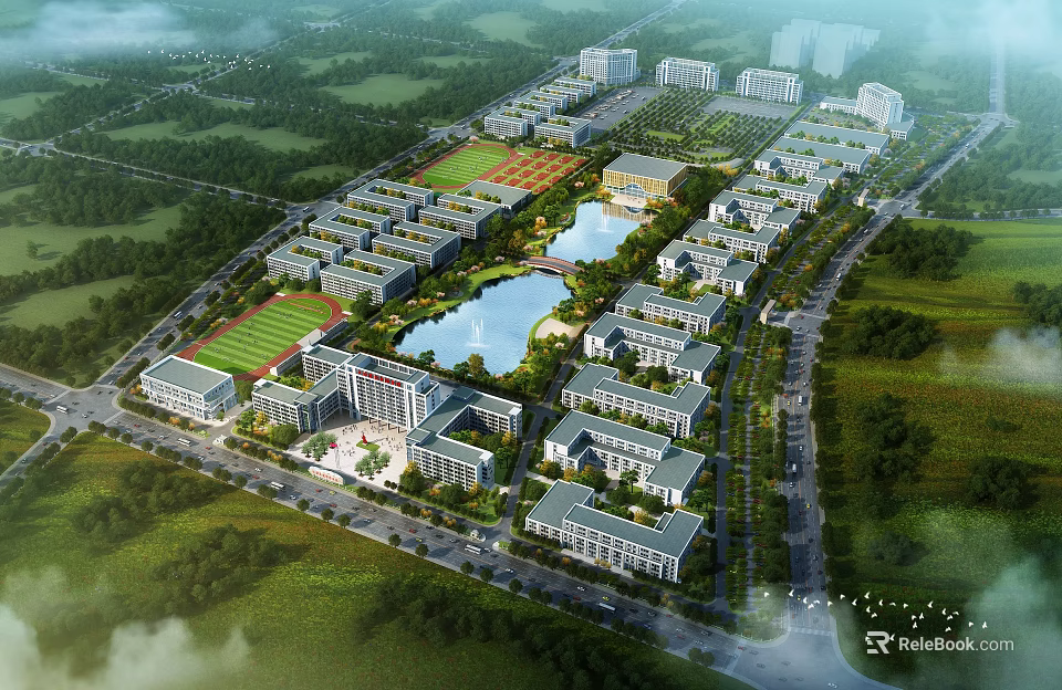 Aerial View Of School Campus With Lakes Buildings And Fields 3d model 