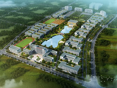 Aerial View Of School Campus With Lakes Buildings And Fields 3d model