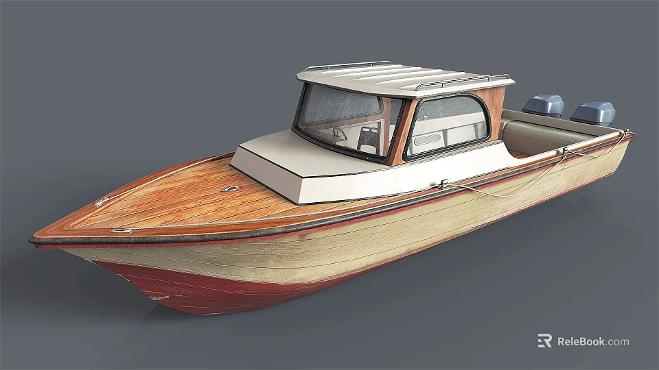 Classic Wooden Yacht With Red And White Hull And Open Cabin Design 3d model 