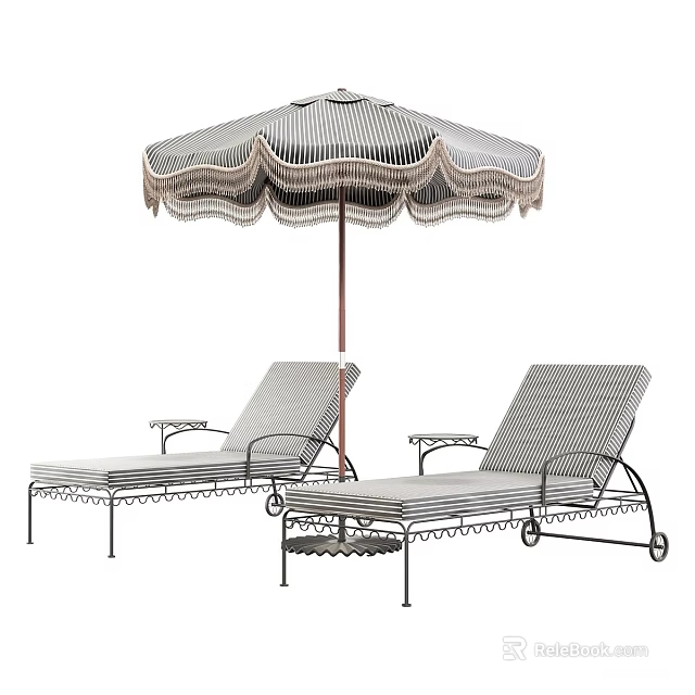 Outdoor Sofa With Striped Cushions And Tasseled Umbrella For Patio Relaxation 3d model 