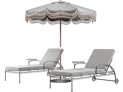 Outdoor Sofa With Striped Cushions And Tasseled Umbrella For Patio Relaxation 3d model