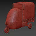 Vintage Three Wheeler Tricycle With Blue Tarpaulin Covered Cargo Bed And Weathered Metal Body