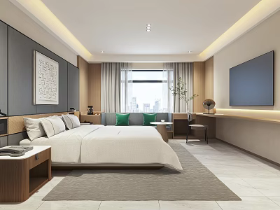 Modern Hotel Room Interior With King Bed White Bedding Wall Art Gray Rug And TV 3d model