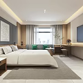 Modern Hotel Room Interior With King Bed White Bedding Wall Art Gray Rug And TV
