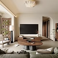 Modern Living Dining Room Interior With Dark Brown Bookshelf Green Sofa Round Wooden Coffee Table