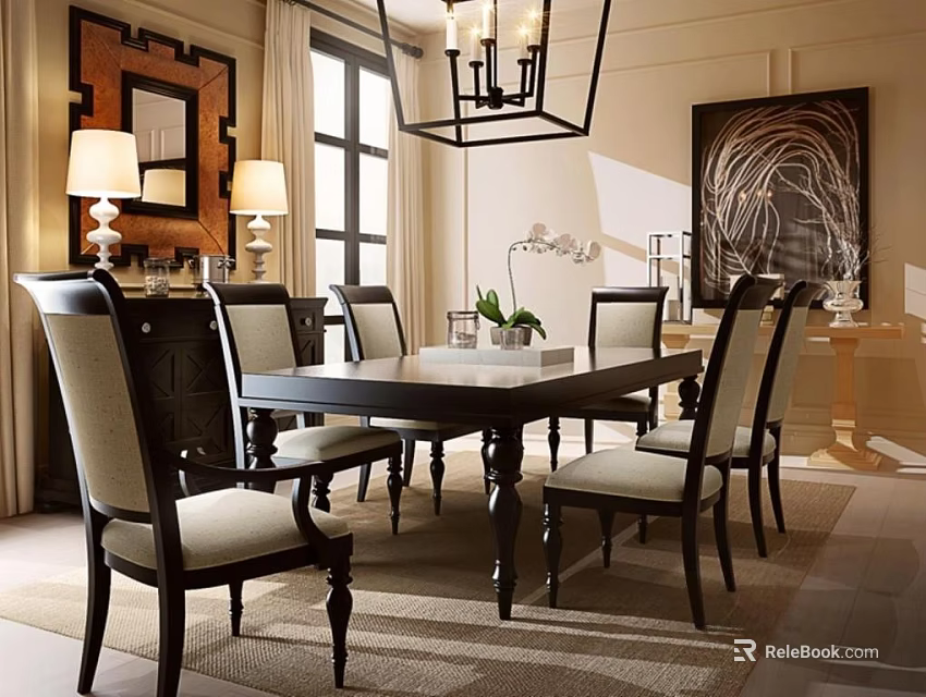 Elegant Modern Dining Table Set With Matching Chairs Chandelier And Decorative Painting 3d model 