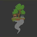 Enchanting Pixel Style Floating Island Landscape With Green Trees Small House And Cloud Spiral Base