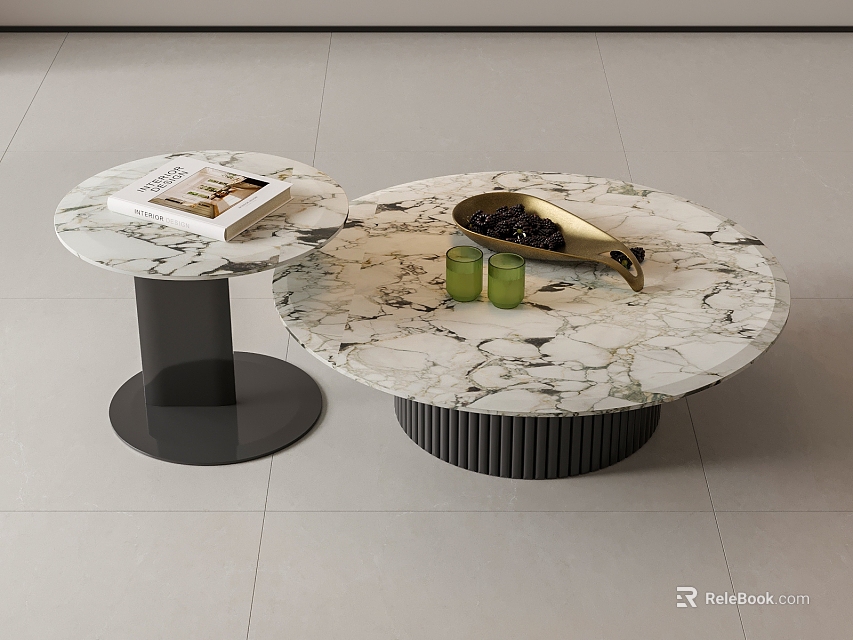 Round Marble Coffee Tables with Black Ribbed Base Featuring Green Cups Metal Tray and Magazine 3d model 