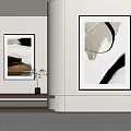 Modern Interior With Abstract Paintings Wooden Bench And Golden Spherical Sculpture