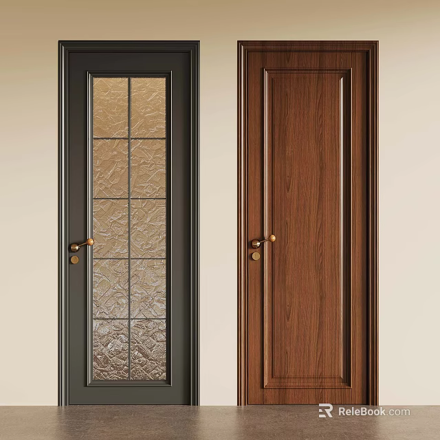 Two Home Interior Doors With Glass Panel Patterns And Wooden Texture Design 3d model