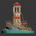 Detailed Tower Model With Red Dome Columns Store Banner Wooden Stairs And Blue Base