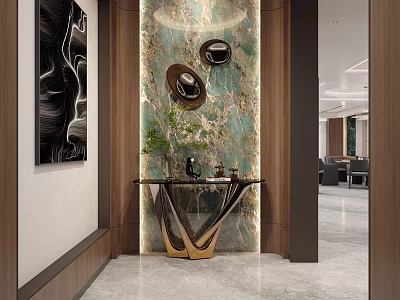 Modern Foyer Hallway Interior With Marble Wall Decorative Mirrors Console Table And Green Plant 3d model