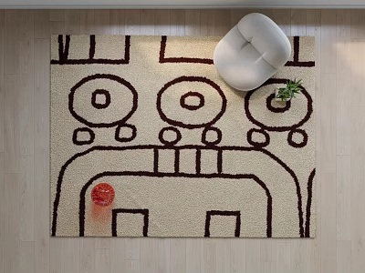 Square Beige Brown Abstract Geometric Face Pattern Rug with White Chair Small Plant Wooden Floor 3d model