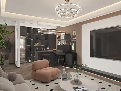 Modern Home Theater Room Interior With Large TV Comfortable Sofa Armchair Bar Area And Chandelier 3d model