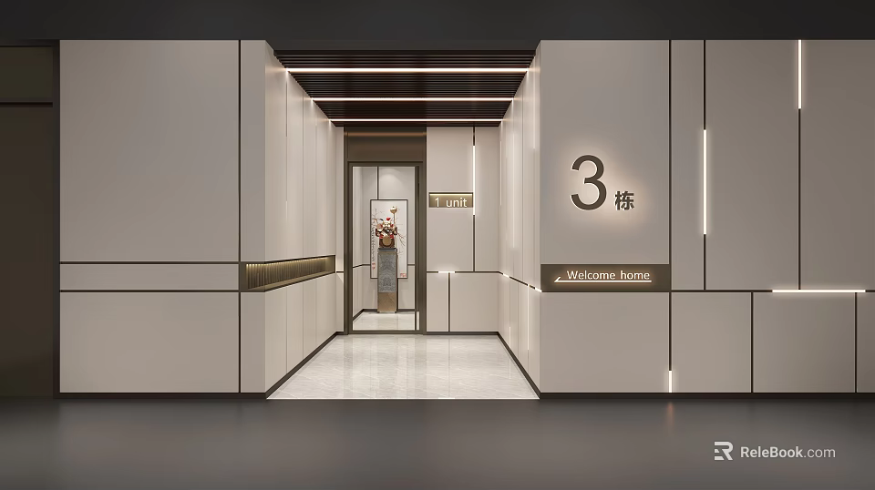 Modern Elevator Hallway Interior With White Walls Recessed Lighting Shiny Floor And Building 3 Sign 3d model 