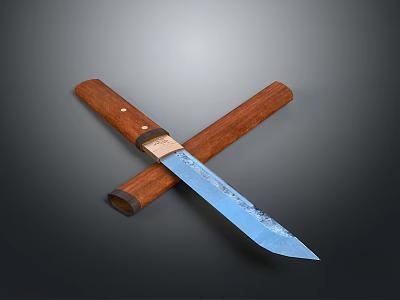Handcrafted Traditional Knife With Wooden Handle Sheath And Blue Patterned Blade 3d model