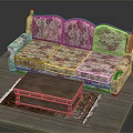 Three Seater Floral Print Upholstered Sofa With Wooden Coffee Table And Patterned Rug