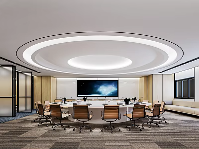 Modern Conference Room Design With Round Table Chairs Large Screen Circular Ceiling Light And Windows 3d model