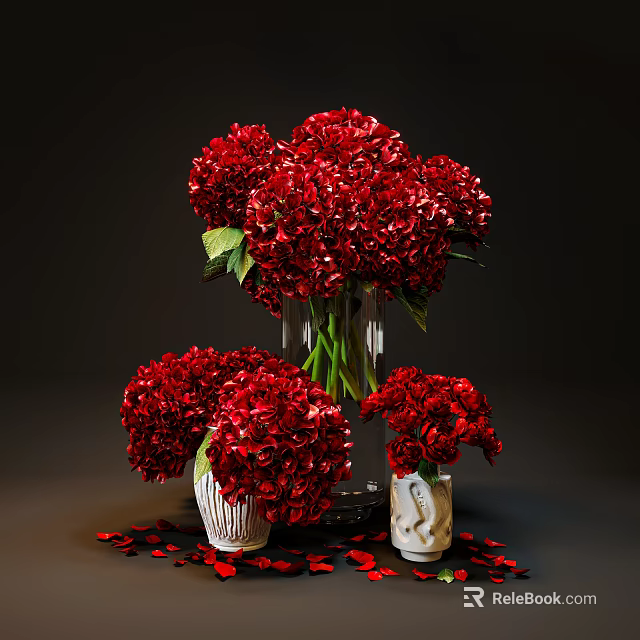 Arrangement of Red Hydrangeas in Glass and Ceramic Vases on Dark Background 3d model 