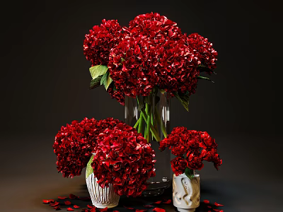 Arrangement of Red Hydrangeas in Glass and Ceramic Vases on Dark Background 3d model