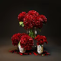 Arrangement of Red Hydrangeas in Glass and Ceramic Vases on Dark Background