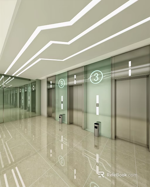 Modern Elevator Lobby With Glass Walls Numbered Elevators And Ceiling Lights 3d model