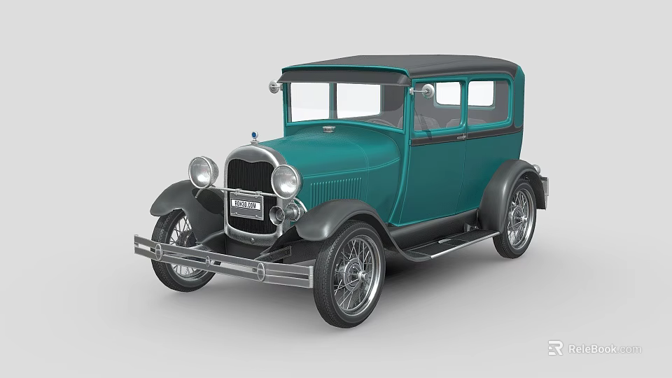 Vintage Teal Classic Car With Black Roof Round Headlights And Chrome Details 3d model 