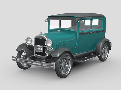 Vintage Teal Classic Car With Black Roof Round Headlights And Chrome Details 3d model