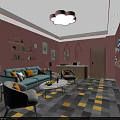 Home Decor Store Featuring Pink Walls Cloud Chandelier Light Blue Sofa And Checkered Floor