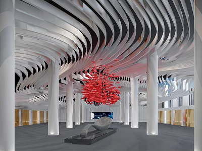 Modern Interior Space With Wavy Black And White Striped Ceiling Red Chandelier And White Columns 3d model