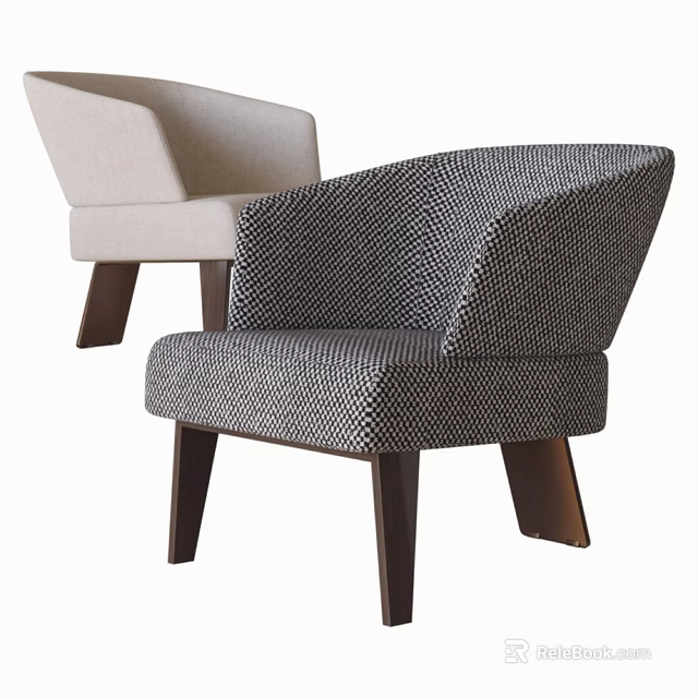 Modern Accent Lounge Chair With Patterned Fabric Curved Backrest And Wooden Legs Design 3d model 