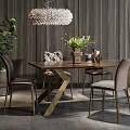 Modern Dining Table Set Wooden Top Gold Legs Upholstered Chairs Feather Light And Green Plant