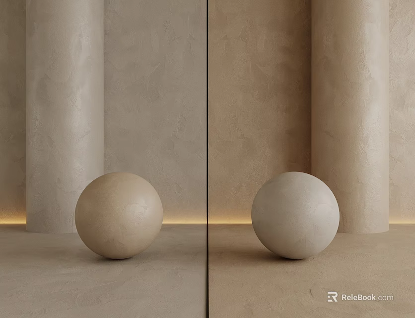 Spheres And Columns In Neutral Toned Textured Space With Warm Lighting 3d model 