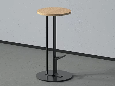 Minimalist Round Wooden Top Bar Stool With Black Metal Frame And Footrest 3d model