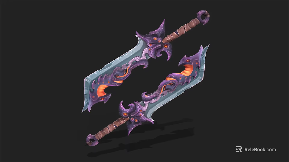 Two Decorative Fantasy Swords With Purple Ornaments Orange Glowing Details And Intricate Hilt Design 3d model 
