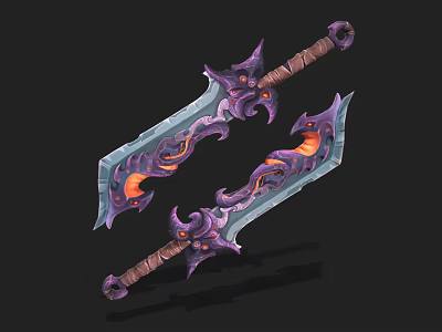 Two Decorative Fantasy Swords With Purple Ornaments Orange Glowing Details And Intricate Hilt Design 3d model